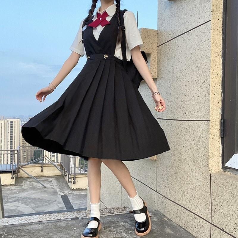 Students Ceylon Black Tea Japanese Girl's Long Pleated Dress Summer Women's Sleeveless Pinafore Dress JK High School Uniform