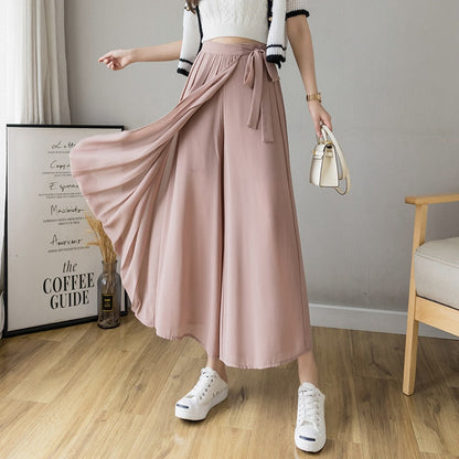 Spring Summer New Style Korean Women Pleated Chiffon Trousers High Waist Pants Hakama Casual Wide Leg Pantalones