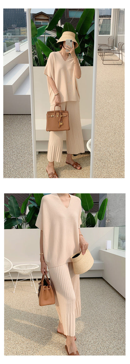 lovwvol Summer Korean Fashion Casual Knitted Two Piece Set Women Loose Pullover Sweater Tops + Wide Leg Pants Suits Knitwear 2 Piece Set