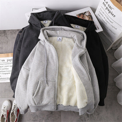 lovwvol Jacket women solid color hoodies autumn winter imitation lamb wool korean loose plus velvet thick zipper sweatshirt tops