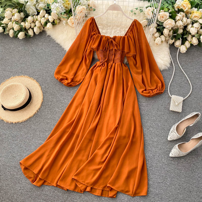 Chic Elegant Square Collar Maxi Dress Women Solid Chiffon Puff Sleeve Dresses Korean Fashion Vintage Ruffle Vestidos