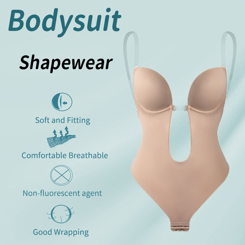 Bodysuit Shapewear Deep V-Neck Body Shaper Backless U Plunge Thong Shapers Waist Trainer Women Clear Strap Padded Push Up Corset