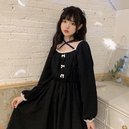 Alice In Wondeland Cute Women Lolita OP Dress Flouncing Lace Trim Japanese Harajuku Long Sleeves Doll Teen Dress Fairy Vestidos