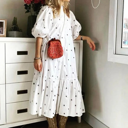 lovwvol puff sleeve midi women dresses vintage polka dot dress white cotton floral embroidery summer dress casual party vestidos