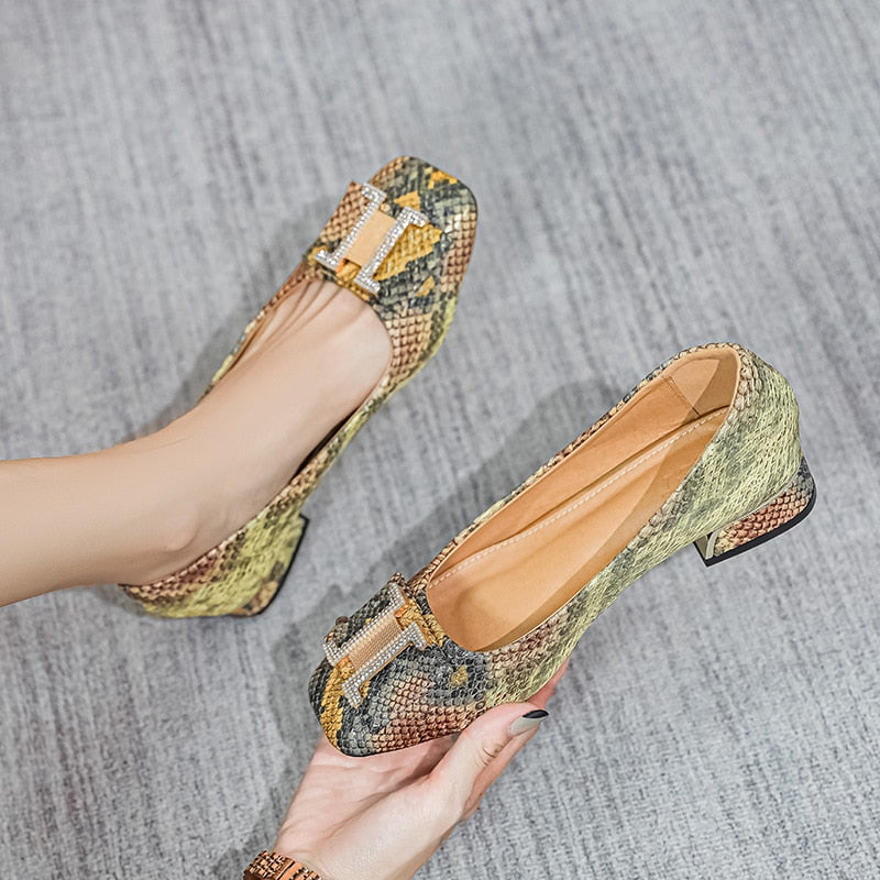 lovwvol New Spring Square Head Shallow Mouth Single Shoes Three-Dimensional Snake Pattern Leather Not Tired Feet 3cm Heel Shoes