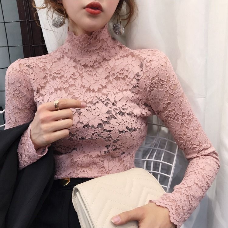 Autumn Women Thin Black Lace T shirt Sexy Turtleneck Long Sleeve Slim Lace Crochet Patchwork Tee Tops WDC6074