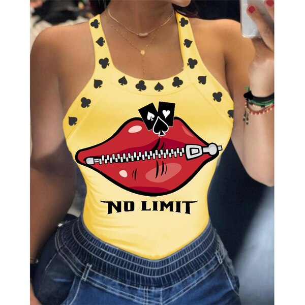 Tank Tops Women U Neck Letter Print Lips Vest Summer Ladies Harajuku Shirts Slim Fit Polyester Sleeveless Top Tshirts