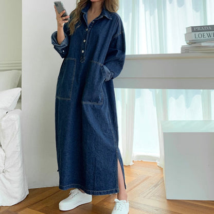 lovwvol  Women's Autumn Long Sleeve Denim Shirt Dress Za Button Pocket Jeans Maxi Vestidos Casual Loose Femme Streetwear Cowboy Midi Robe