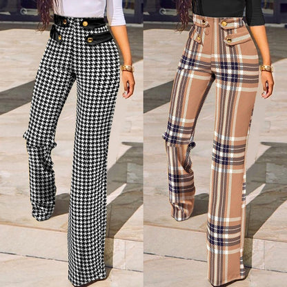 lovwvol Women Buttoned High Waist Wide Leg Tailored Pants Spring Casual Ladies Plaid Long Pencil Pants Elegant Trousers Overalls