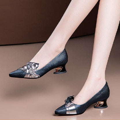 Women Fashion Elegant Bow Tie Party Square Heel Navy Blue Pumps Female Cute Comfort Spring & Autumn Heel Shoes