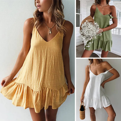 Sexy Spaghetti Strap Ruffle Dress Women Summer Dress  Cotton Linen Vestidos Green Dresses Off Shoulder Sexy Mini Sundress