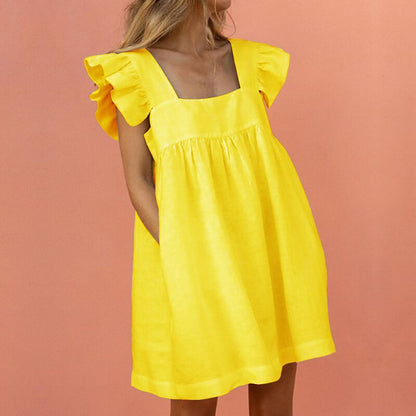 Elegant Butterfly Sleeve Ruffle Mini Dress Casual Square Collar Print Party Dress Women Summer Loose Pocket Beach Dress Vestidos