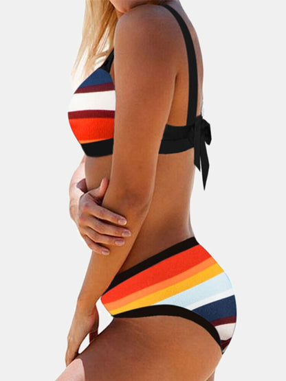 Women Colorful Stripe Print Back String Bikini Backless Swimwear Bathing Suits  Striped Swimsuit KZ090