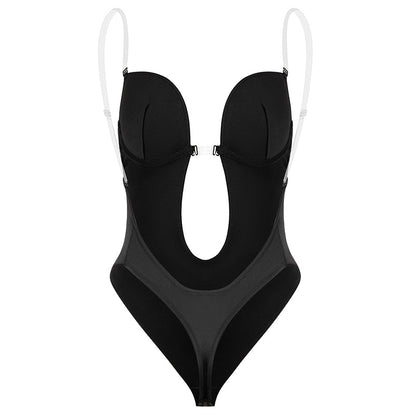 Bodysuit Shapewear Deep V-Neck Body Shaper Backless U Plunge Thong Shapers Waist Trainer Women Clear Strap Padded Push Up Corset