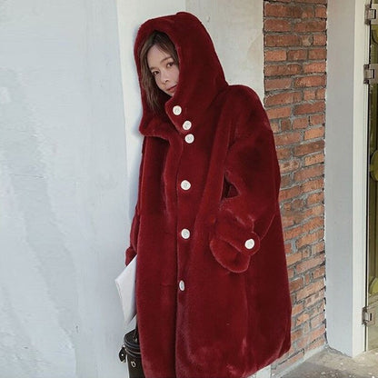 Winter Fashion Hooded Faux Fur Long Coat Solid Cute Warm Fluffy Jacket Casual Loose Oversize Coat Female Thick Outwears