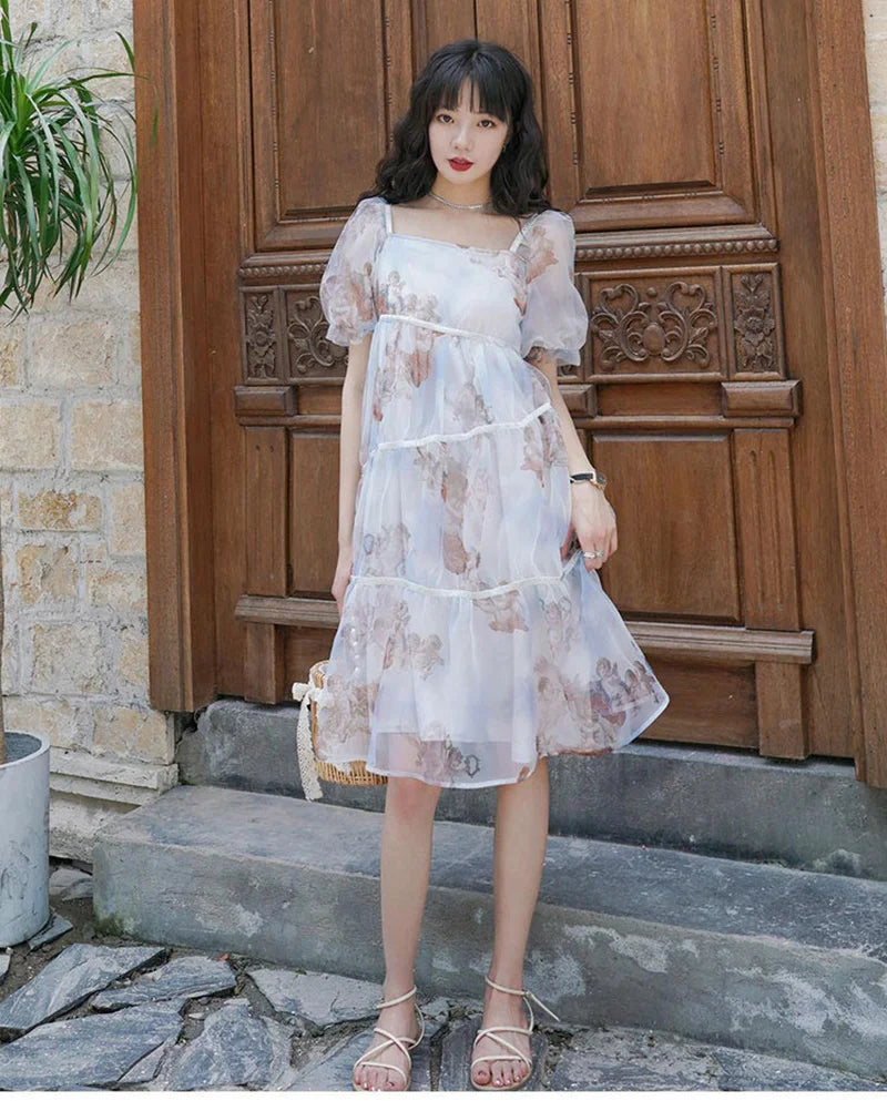 lovwvol  -French Fairy Dress for Women, Elegant Chiffon Midi Dress, Puff Sleeve, Square Collar, Vintage, Angel Print, Summer