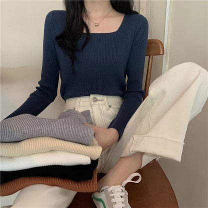 lovwvol lovwvol Early Autumn Blouse Women's Style Square Neck Long Sleeve Sweater Slim Fit with Bottomed Sweater Korean Foreign Temperament Rac