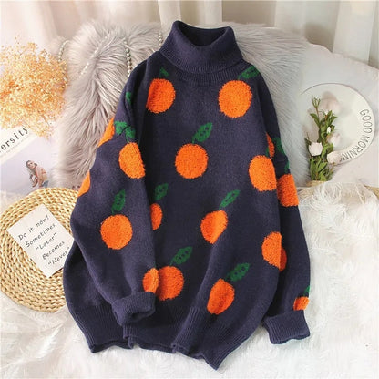 Autumn Winter Sweaters Pullover Cherry Pattern Long Sleeve Sweater Women Turtleneck Knitted Jumpers Sweater Mujer