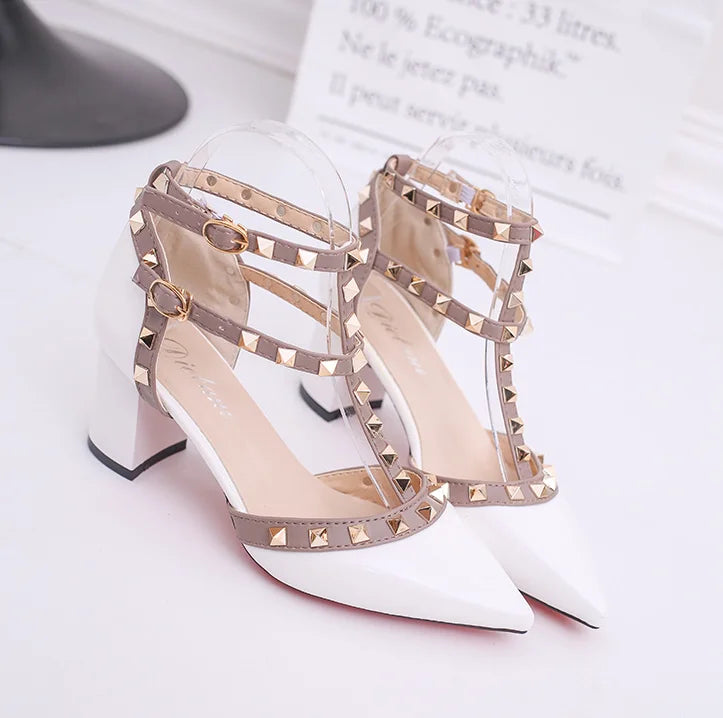 Rivet Pumps Women  New pointed patent leather rivet buckle sandals thick with heel wild thin women's shoes Party Shoes