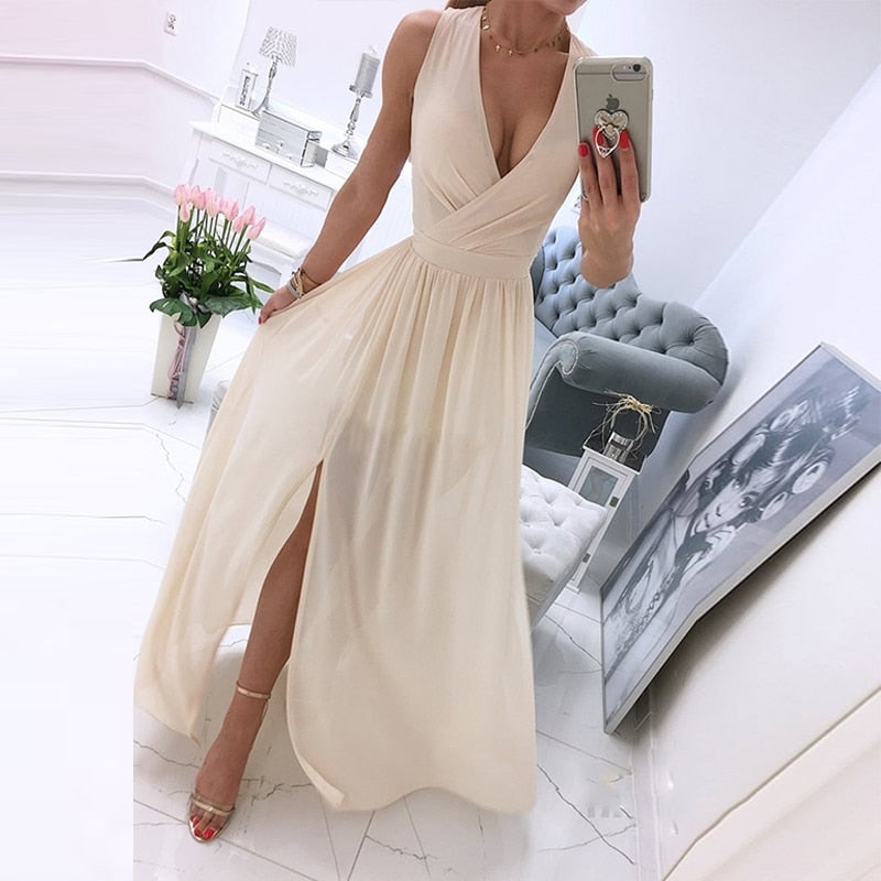 Summer Deep V-Neck Sleeveless Beach Dress Elegant Women Chiffon Split Maxi Party Dress Vintage Floral Print Long Dresses Vestido