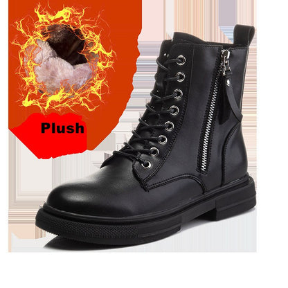 Women's Ladies Genuine Leather Female Shoes Ankle Boots Platform Lace Up Warm Winter Autumn Fur Plush Motorcycle