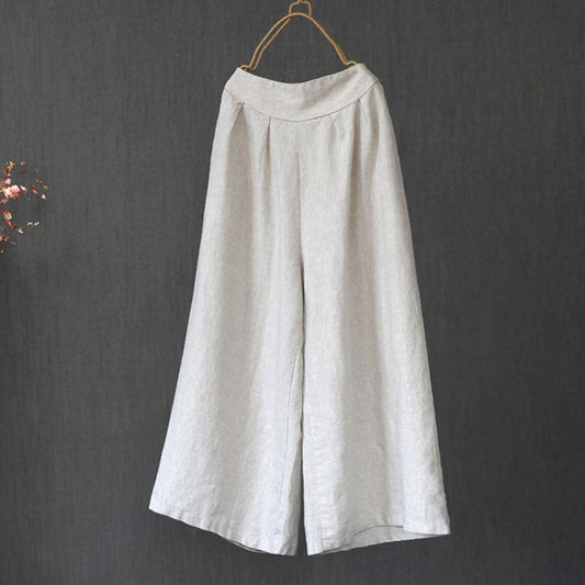 Cotton Linen Nine Capris Pants Women Elastic Waist Wide Leg Pants Casual Vintage Linen Straight Wide Leg Trousers