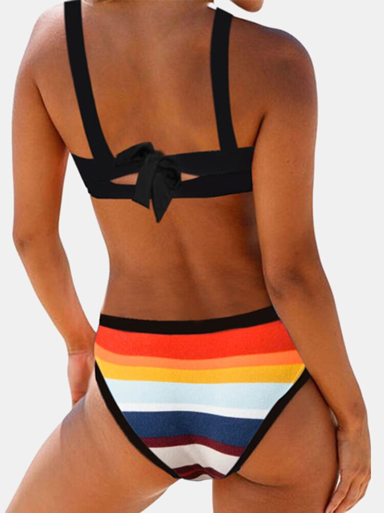 Women Colorful Stripe Print Back String Bikini Backless Swimwear Bathing Suits  Striped Swimsuit KZ090