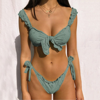 Sexy Women Bikini Sets Solid Color Ruffled Swimwear Bathing Suits 2 Piece Split Push Up Bandage Beachwear Mujer Thong Biquini