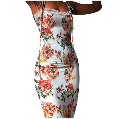 Womens Corset Dress Bodycon Fashion Casual Dot Floral Print Tied Detail Lace Trim Dress Sexy Print Dress Rubber Dress Sexy Woman