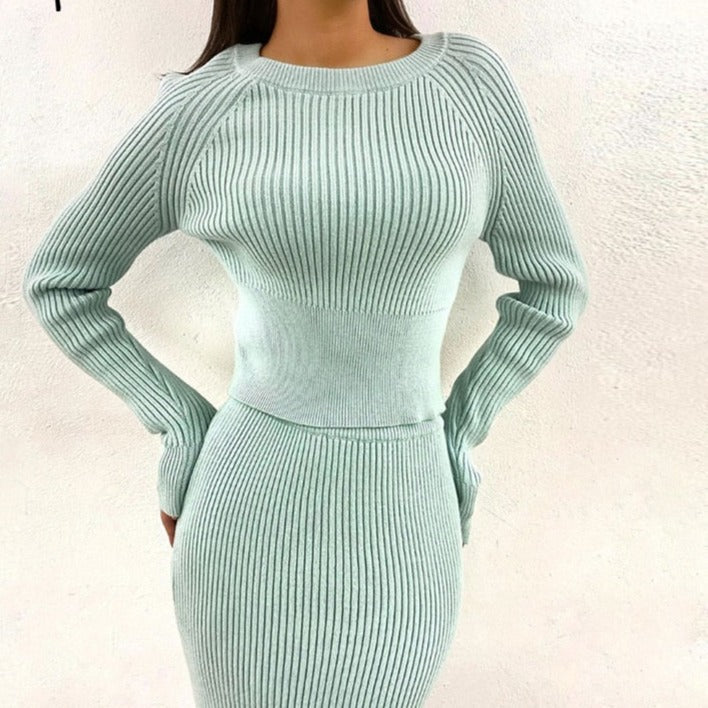 Elegant stripe two piece dress White round neck knit dress High waist street style Autumn winter dress two piece set