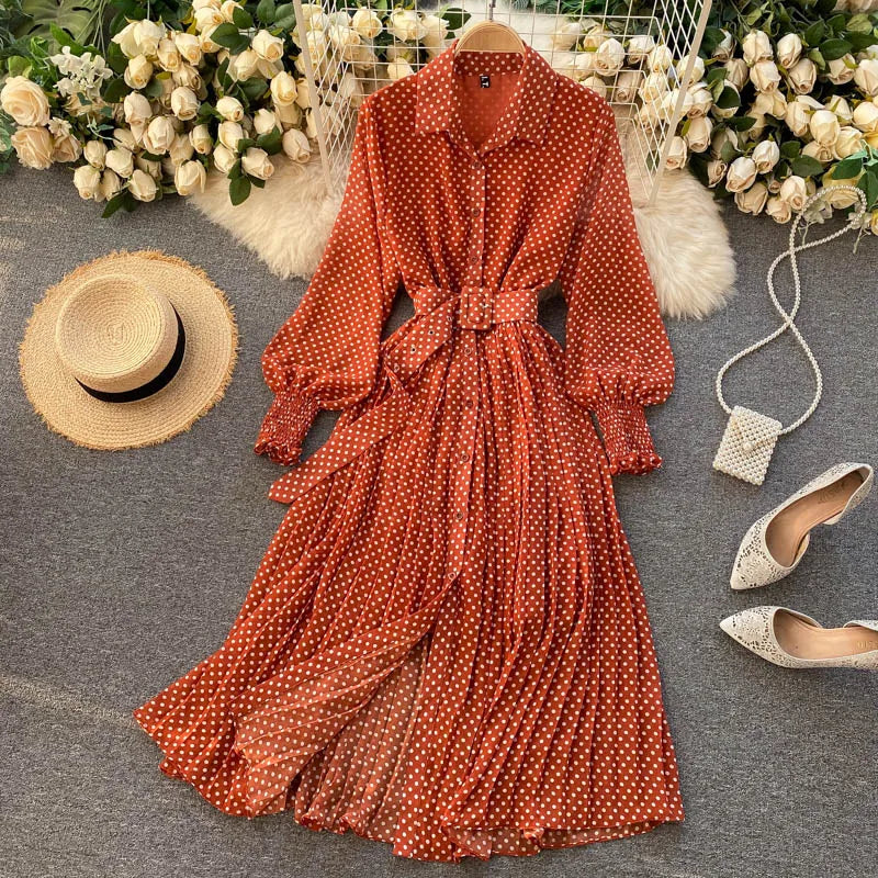 lovwvol Spring Autumn Women Vintage Maxi Party Dress Long Sleeve Orange Polka Dot Pleated Evening Black Vestidos Femme Fashion Robe New