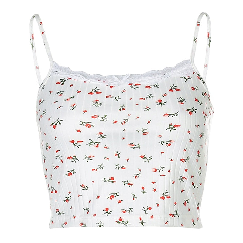 lovwvol HEYounGIRL Floral Printed Kintted Spaghetti Strap Top Women White Cute Casual Sleeveless Camis Tops Tees Patchwork Lace Crop Top