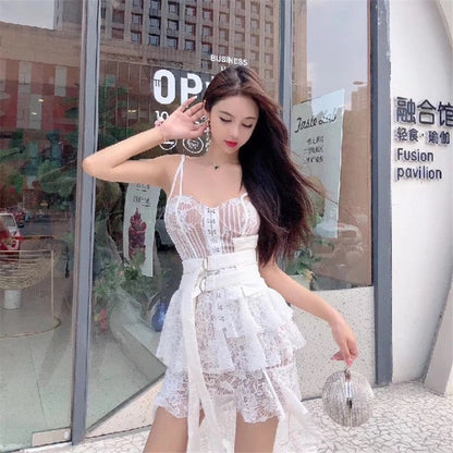 lovwvol New Women Summer Lace Dress Female Spaghetti Strap Irregular See Through Mini Dress Lady Club White Patchwork Runway Sexy Dress