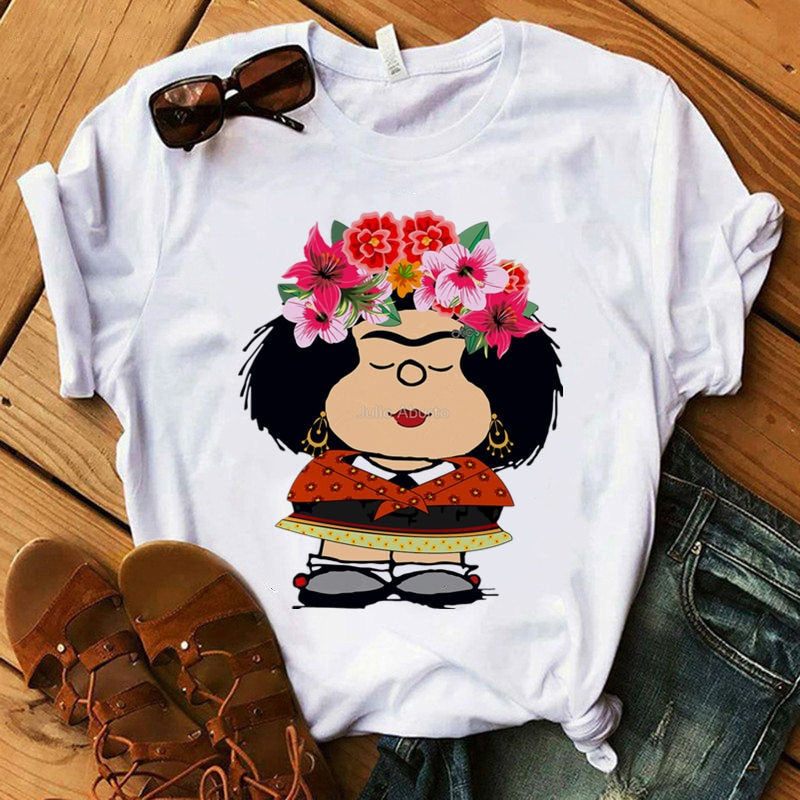 Mafalda T-shirt Women Summer Harajuku Casual Short Sleeve T-shirts Streetwear O-Neck White Tops Tee 90s Cartoon Tshirt Femme Top