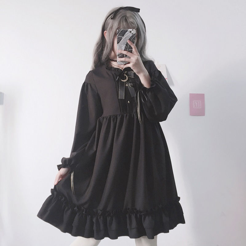 Alice In Wondeland Cute Women Lolita OP Dress Flouncing Lace Trim Japanese Harajuku Long Sleeves Doll Teen Dress Fairy Vestidos