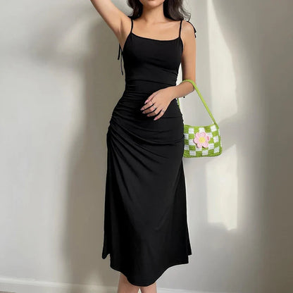 lovwvol Fashion Strappy Ruched Sexy Black Dress Irregular Elegant Backless Long Dress Party Summer Dresses Women Clothes