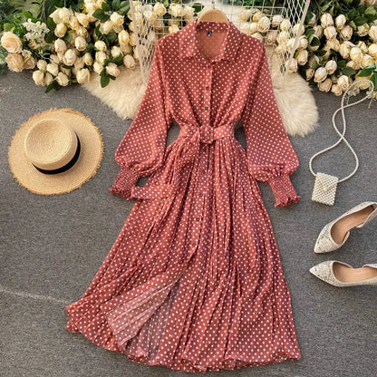 lovwvol Spring Autumn Women Vintage Maxi Party Dress Long Sleeve Orange Polka Dot Pleated Evening Black Vestidos Femme Fashion Robe New