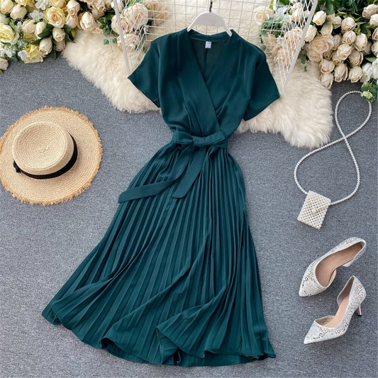 Autumn Fashion New Female Solid Pleated Dress Women V neck Short Sleeves Sashes Long Dresses Summer Streetwear Vintage