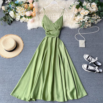 lovwvol FTLZZ New Summer Women Sexy V Neck High Waist A-line Party Tank Sundress Elegant Bandage Bow Long Dress Vestidos Multicolour