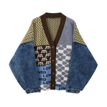 lovwvol Vintage Knitted Cardigan Sweater Women Patchwork Denim Coat V Neck Long Sleeve Knitwear Casual Loose Outwear Female Tops