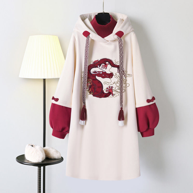 Chinese Style Hooded Stitching Vestido Cheongsam Embroidery Sweatshirt Dress Spring Autumn Women Buckle Thick Harajuku Dresses