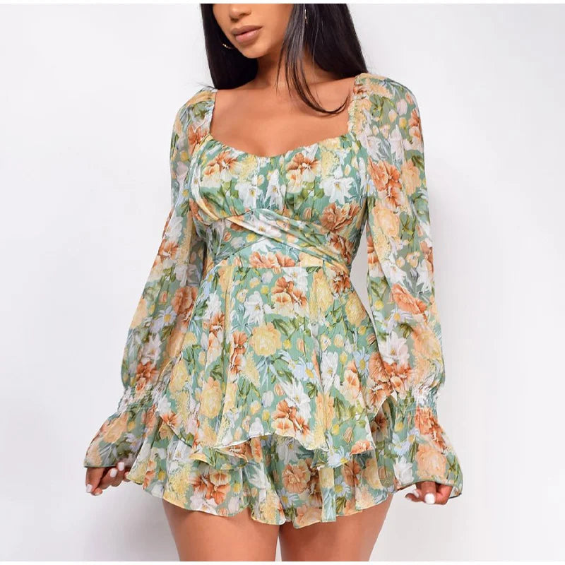 lovwvol Summer Women Jumpsuits Long Sleeve Lace Up Ruffles Floral Print Rompers Female Playsuits Square Collar Outfits