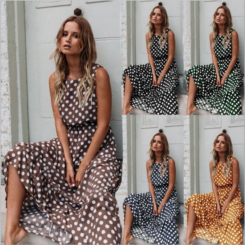 Summer Sexy O Neck Sleeveless Boho Polka Dot Print Maxi Dress Casual Empire Robe Ladies Party Long Dress Vestidos