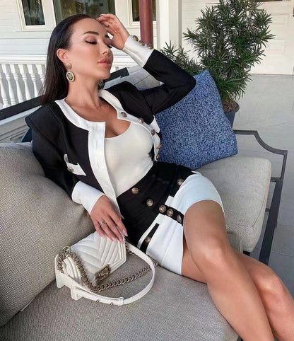 Hight Quality Autumn New Black White Patchwork Full Sleeves Button Crop Top Bodycon Mini Bandage Dress Elegant Femal Club Party