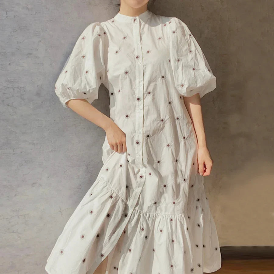 lovwvol puff sleeve midi women dresses vintage polka dot dress white cotton floral embroidery summer dress casual party vestidos