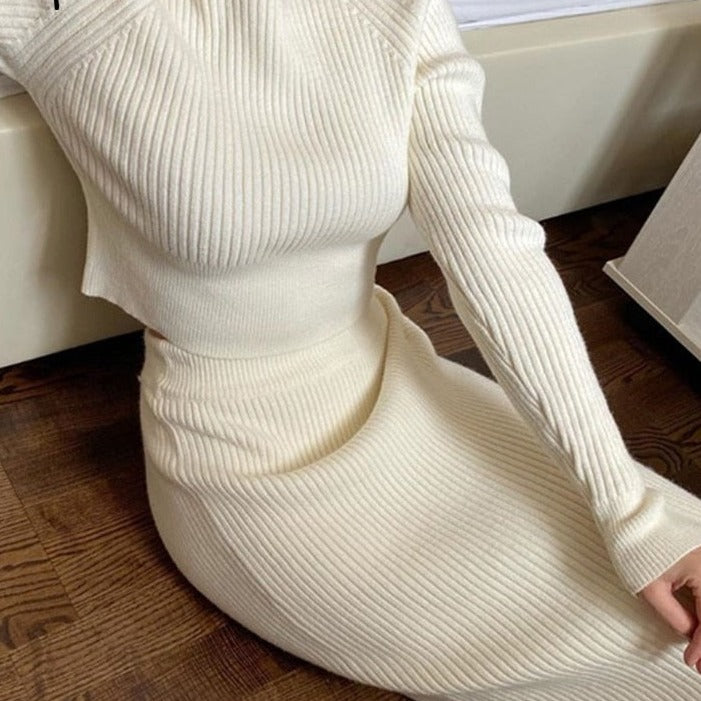 Elegant stripe two piece dress White round neck knit dress High waist street style Autumn winter dress two piece set