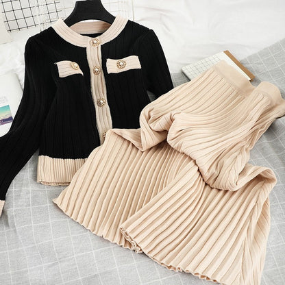 lovwvol High Quality  Spring Fall Knit 2 Piece Set Women Office Lady Single Breasted Sweater Cardigan + Pleated Long Skirt Suit Sets