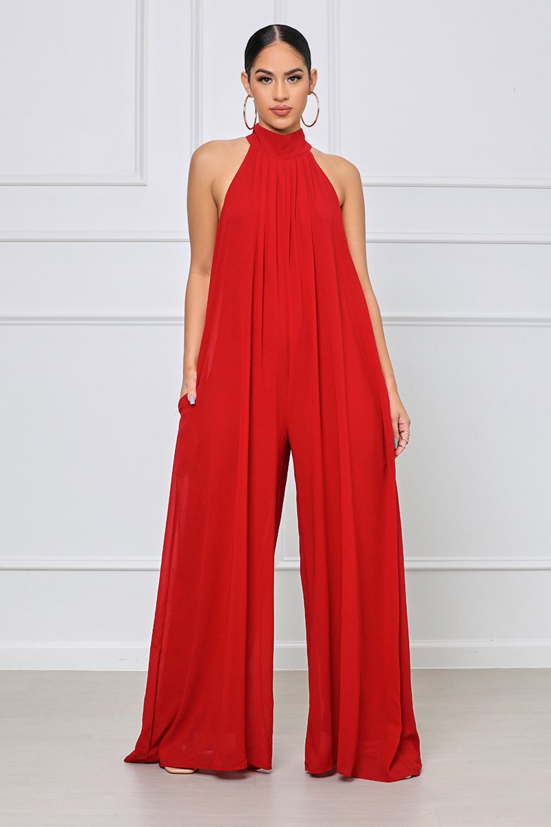 lovwvol Women  Sleeveless High Neck Fashion Sexy Solid Color Casual Chiffon Loose Temperament One-Piece Pants Jumpsuit