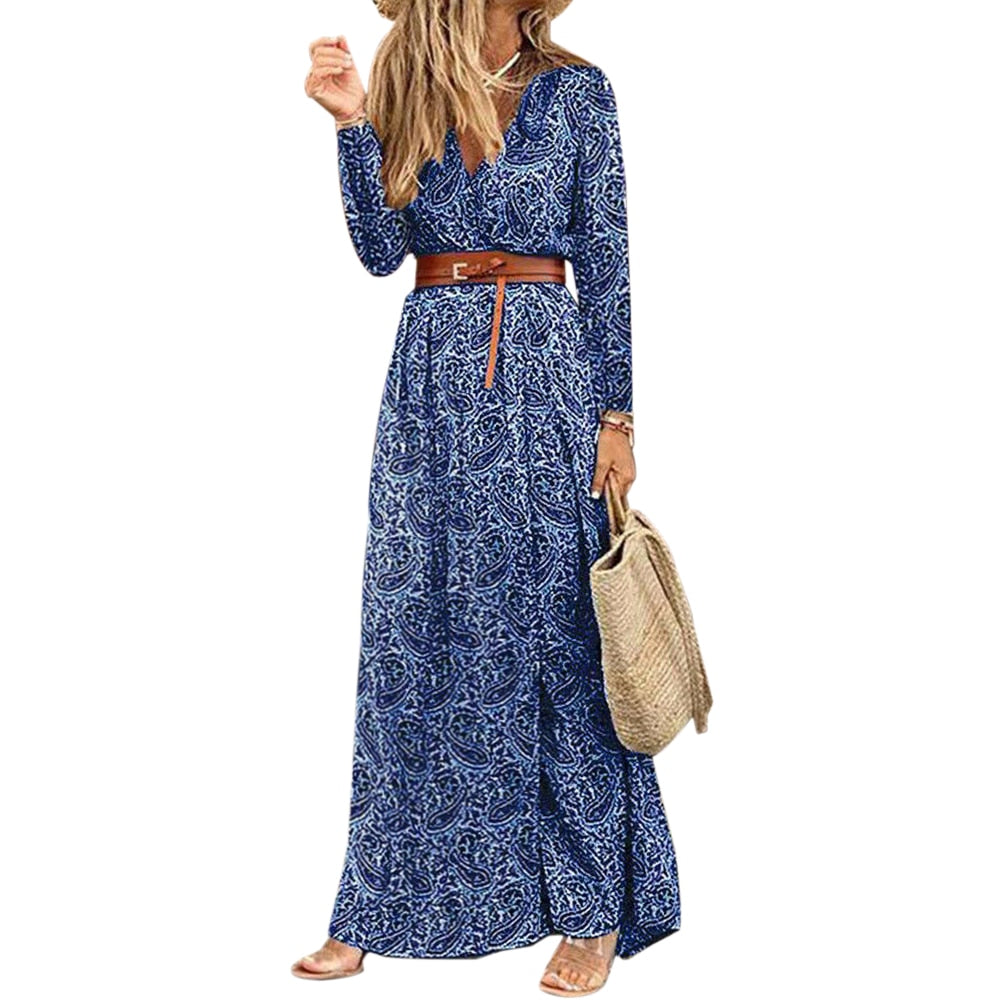 lovwvol Womens Long Dress Summer V-neck Boho Belted Maxi Dress Casual Sexy Party Dress Ladies Bohemian Beach Holiday Sundress