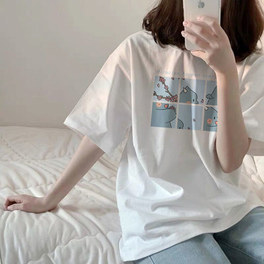 Women T-shirt Round Collar Summer Cartoon New Half Loose Sleeve  Print Casual Simple Wild T-Shirt